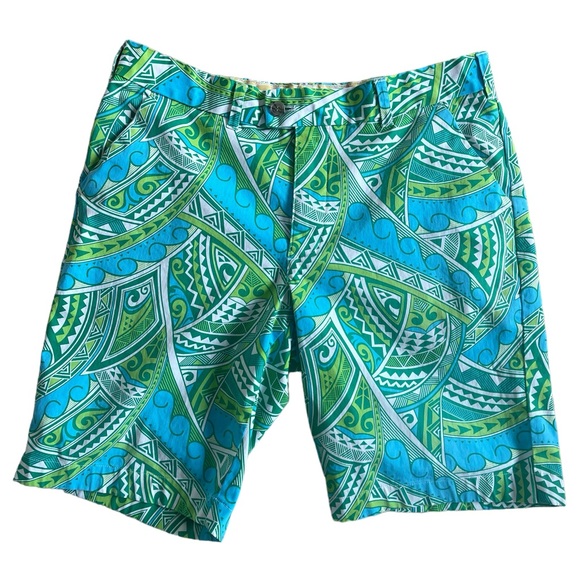 Loudmouth Men’s Golf Shorts Size 34 Flat Front Retro Tiki Hawaiian Tribal Green - Picture 6 of 6